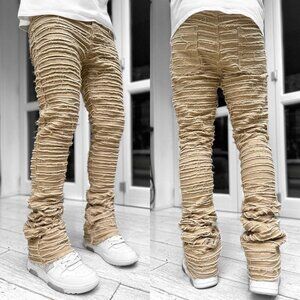 Guapi Tan Stacked Denim Pants Frayed Streetwear Flare Mens 32 NWT [jb]